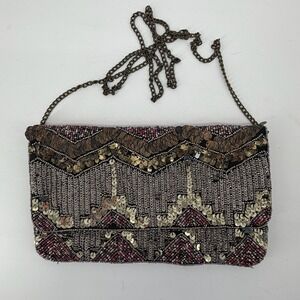 New Look Beaded Sequin Chevron Clutch Bag Bronze Chain Strap Evening Bag